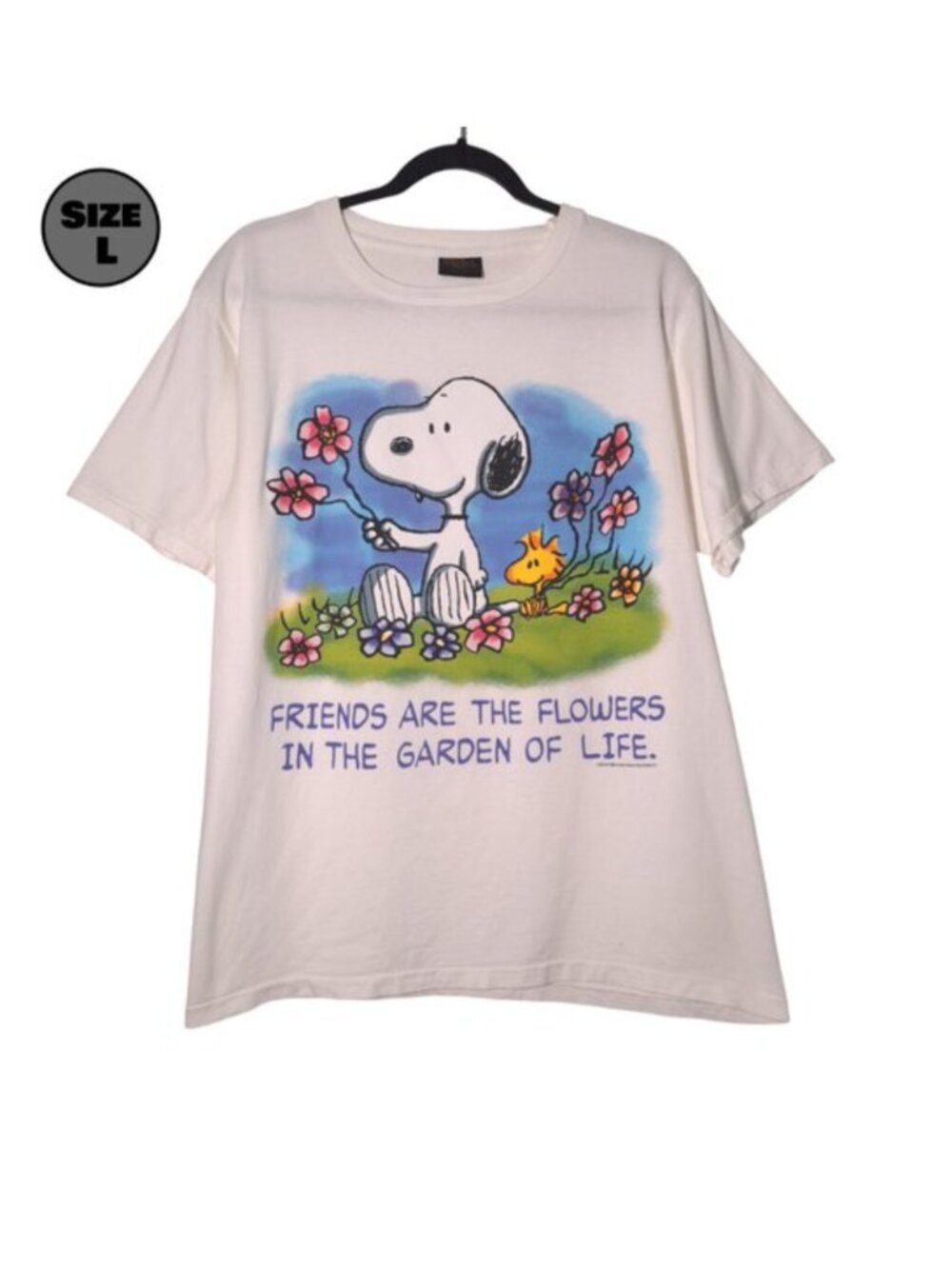 VINTAGE Snoopy: Friends Are The Flowers USED Shirt: DISTRESSED, L, Single Stitch